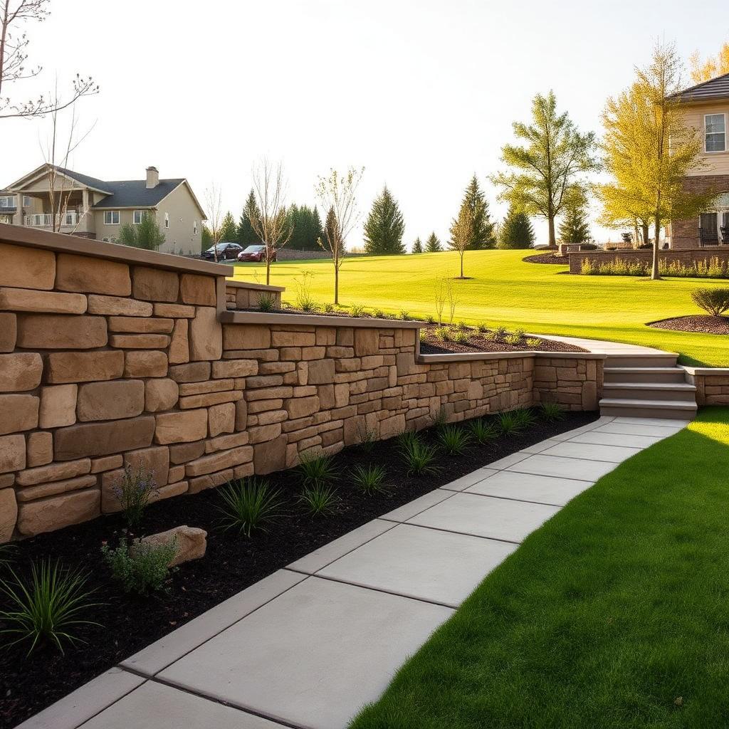 Aménagement paysager sur mesure avec mur de soutènement en pierre naturelle et marches en béton
