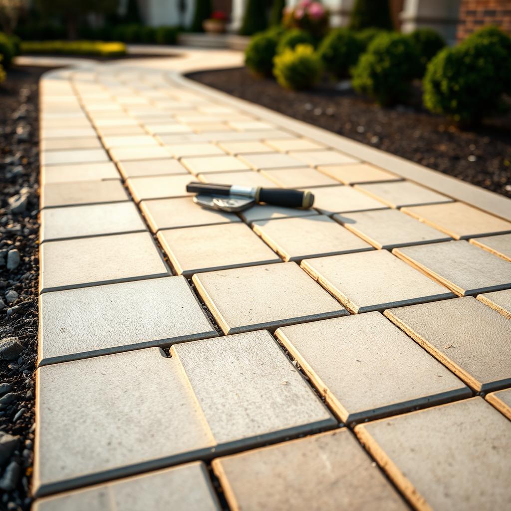 Artisan posant du pavé uni haut de gamme sur une allée résidentielle